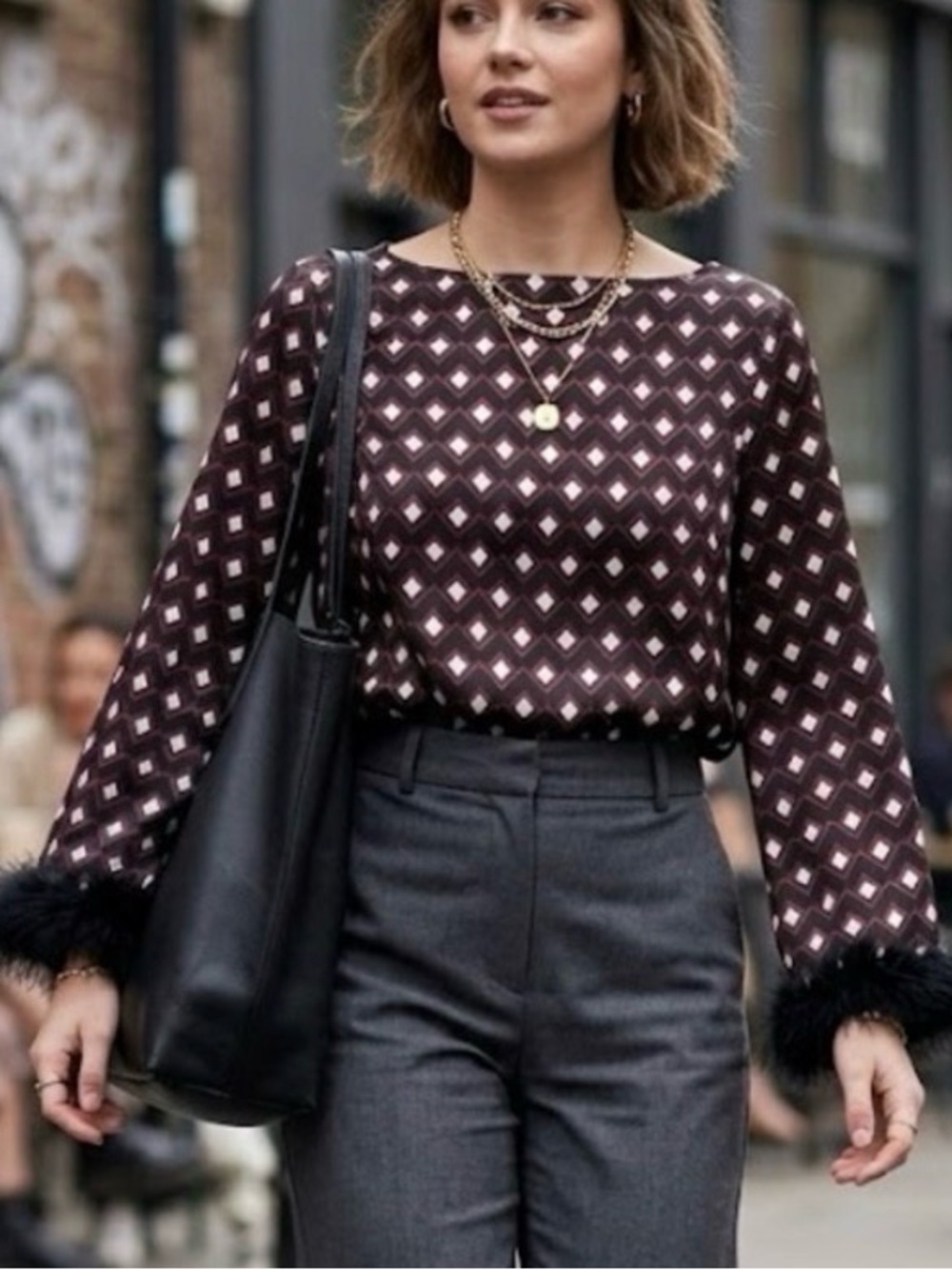 Zara  Geometric Satin Blouse with Feather Cuffs - Black and Burgundy - Size M